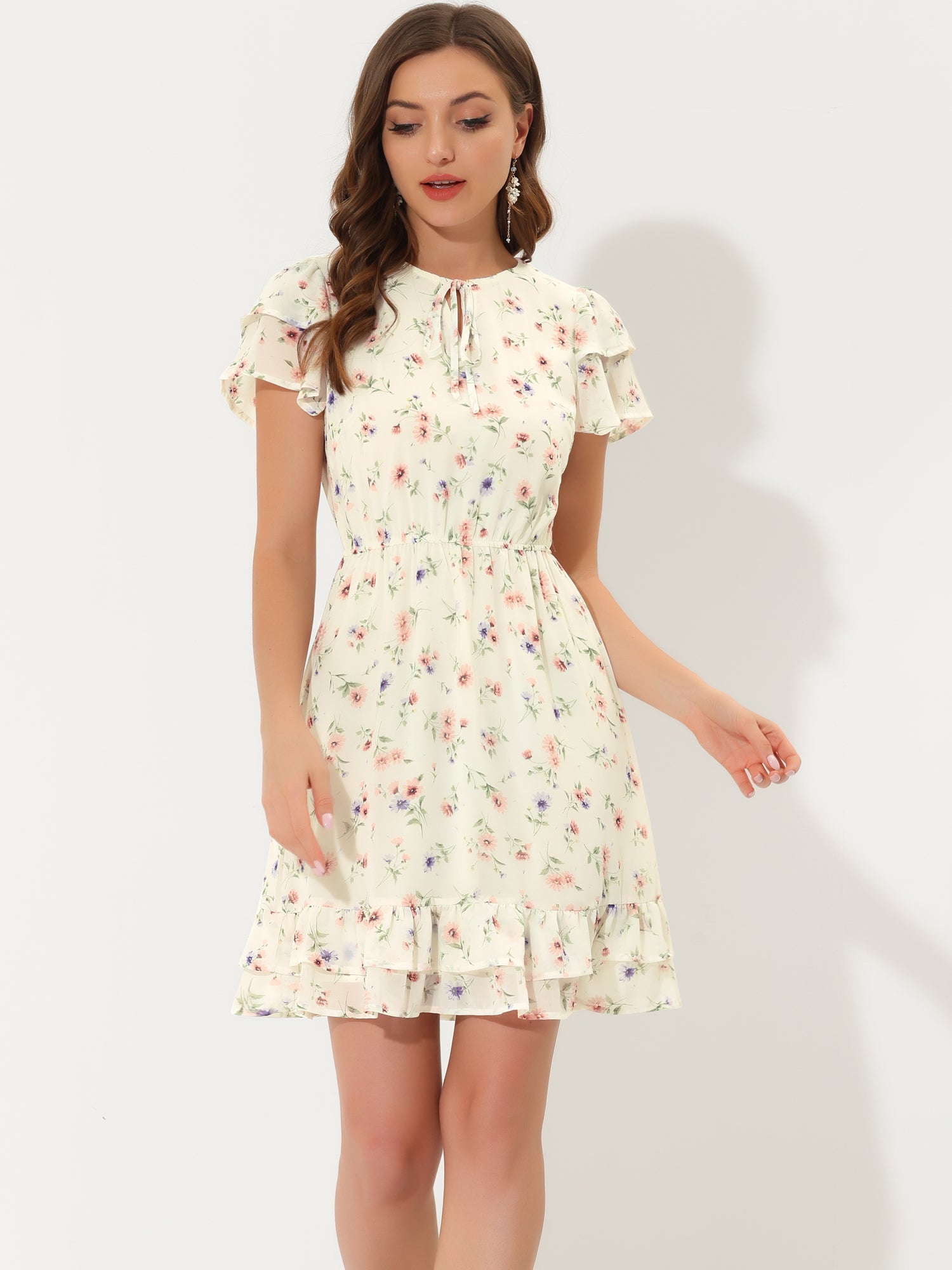 Ruffle Sleeve V Neck Above Knee A-Line Floral Chiffon Dress