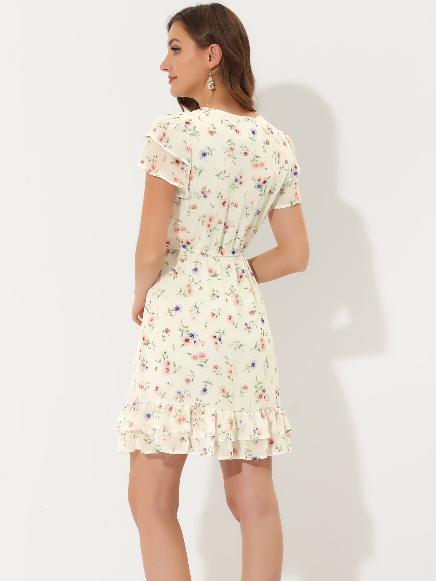 Ruffle Sleeve V Neck Above Knee A-Line Floral Chiffon Dress
