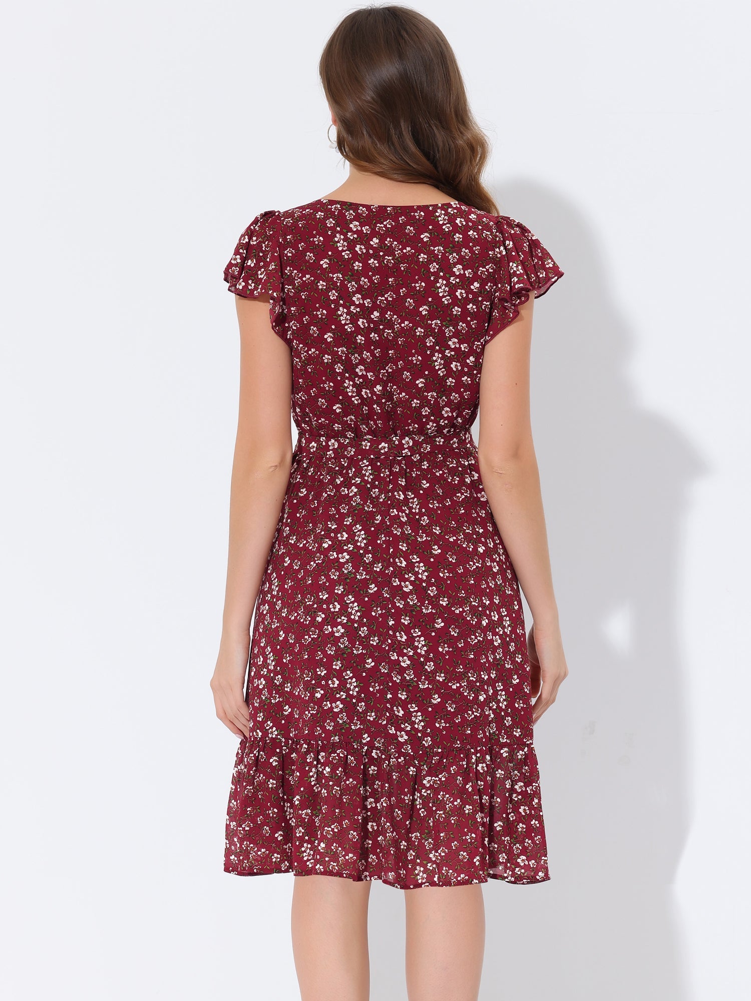 Floral Chiffon Flutter Sleeve Belted Square Neck Ruffled Hem Dress