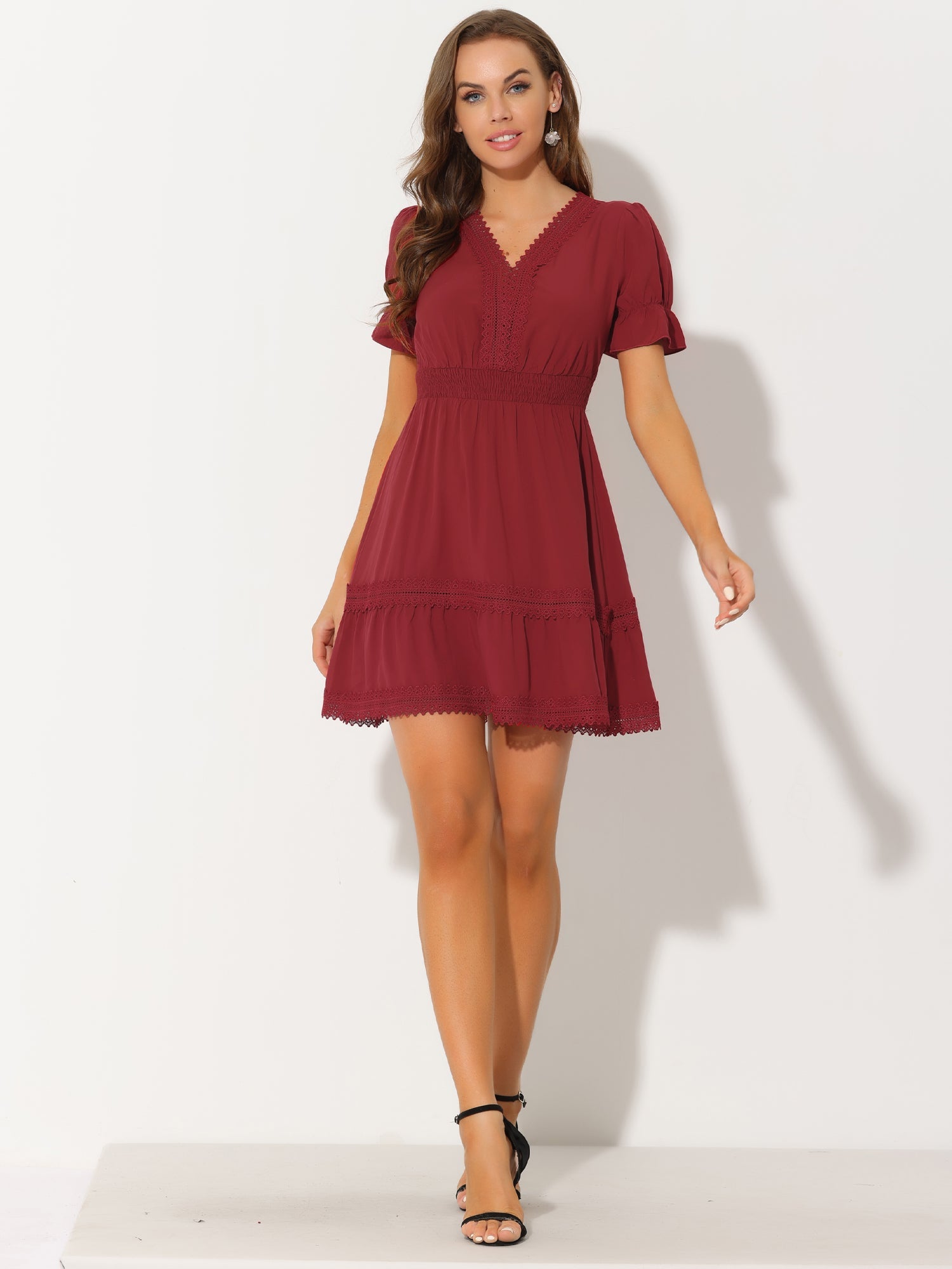 Boho Puff Sleeve V Neck Smocked Waist Ruffled Tiered Dress