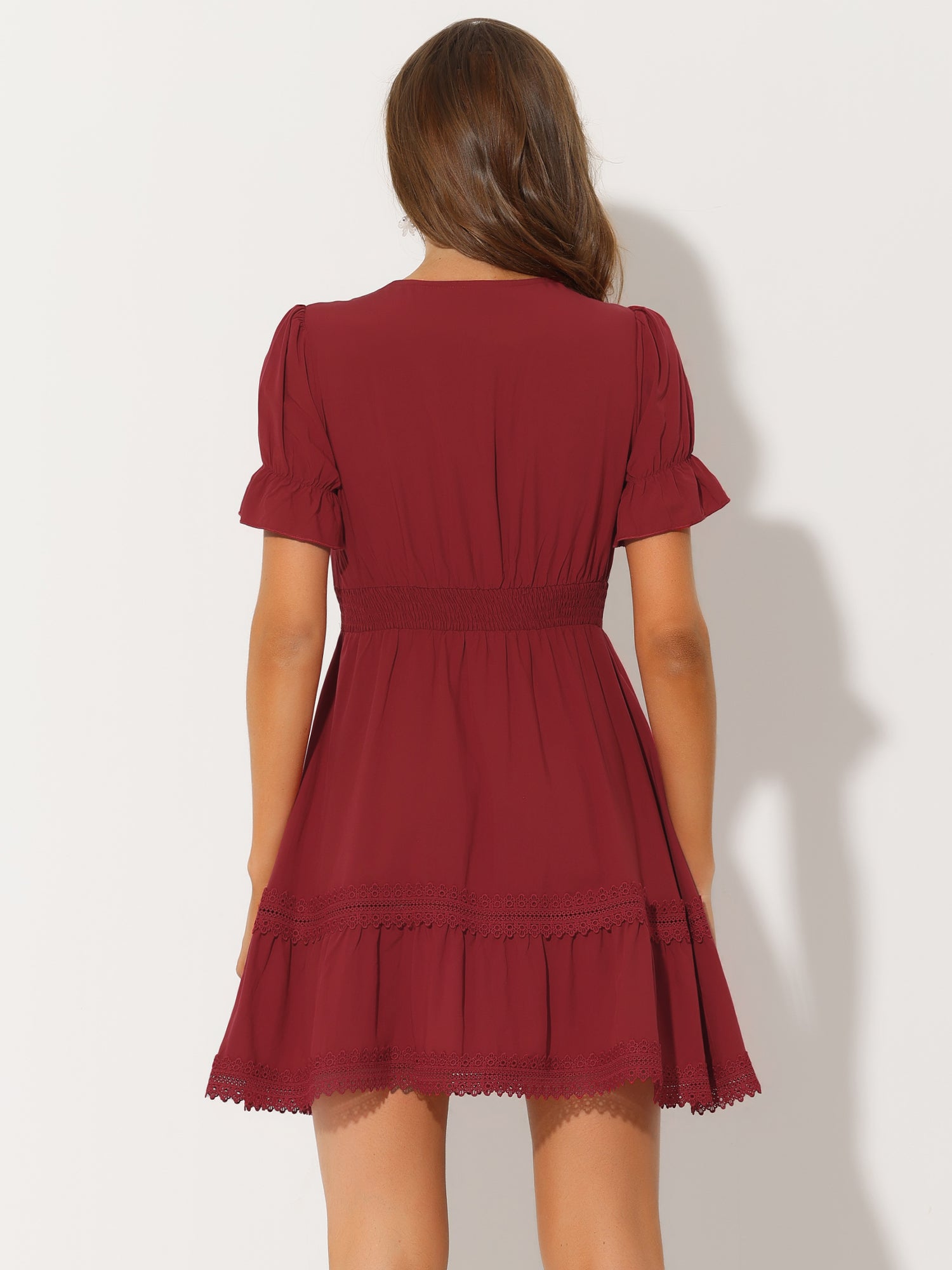 Boho Puff Sleeve V Neck Smocked Waist Ruffled Tiered Dress
