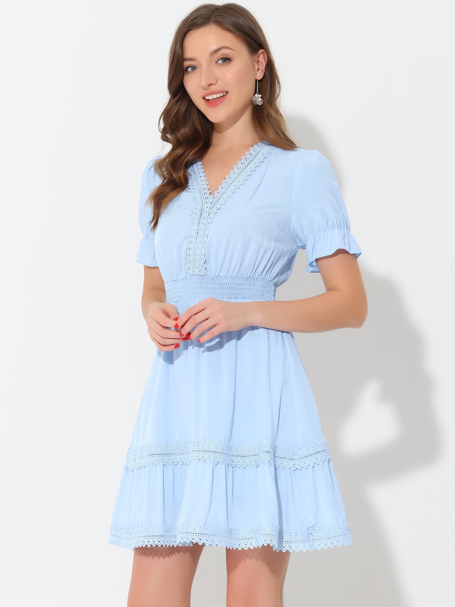 Boho Puff Sleeve V Neck Smocked Waist Ruffled Tiered Dress
