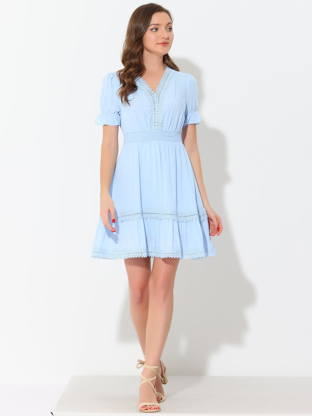 Boho Puff Sleeve V Neck Smocked Waist Ruffled Tiered Dress