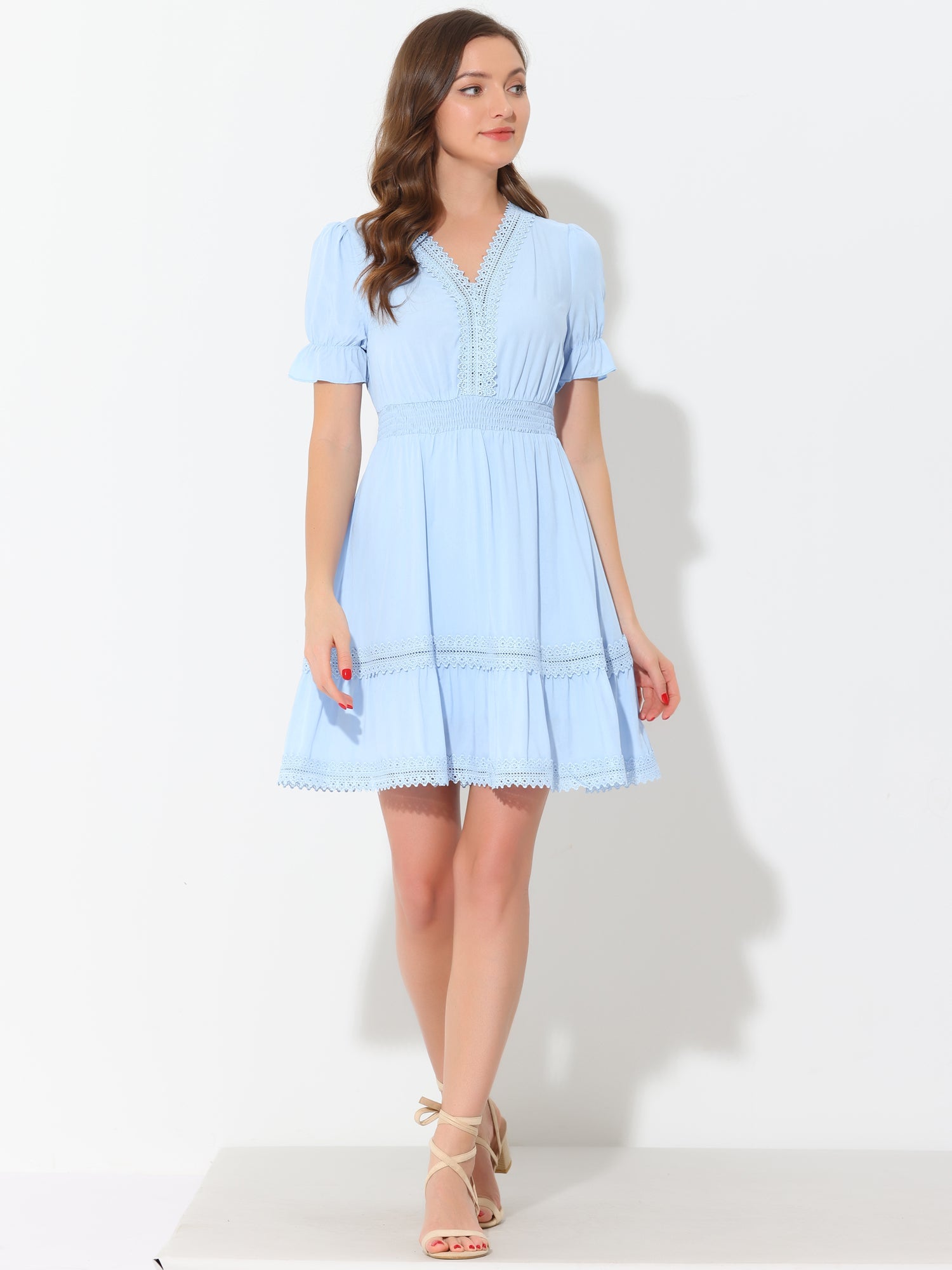 Boho Puff Sleeve V Neck Smocked Waist Ruffled Tiered Dress