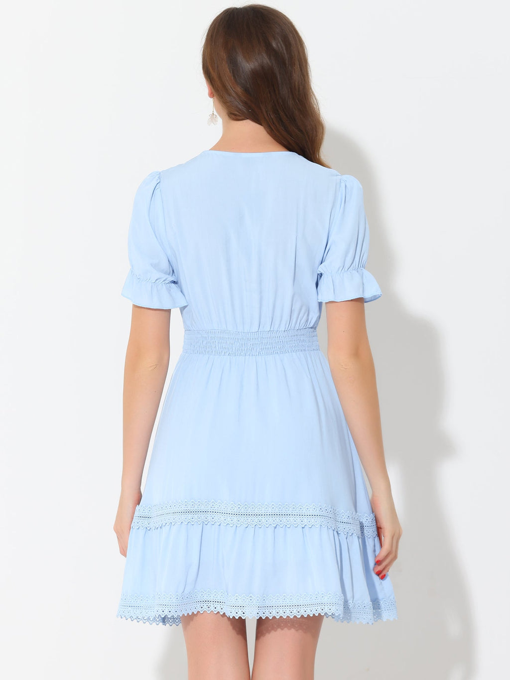 Boho Puff Sleeve V Neck Smocked Waist Ruffled Tiered Dress