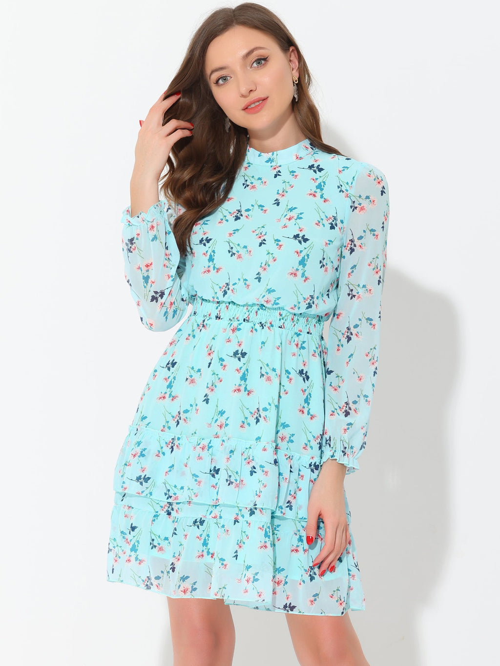 Floral Smocked Waist Sheer Sleeve Ruffle Layers Chiffon Dress
