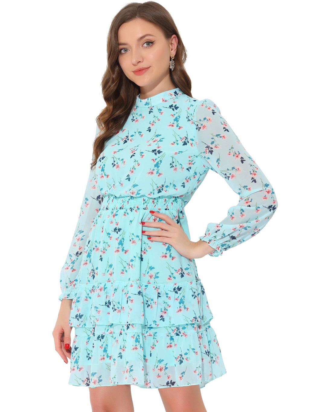 Floral Smocked Waist Sheer Sleeve Ruffle Layers Chiffon Dress