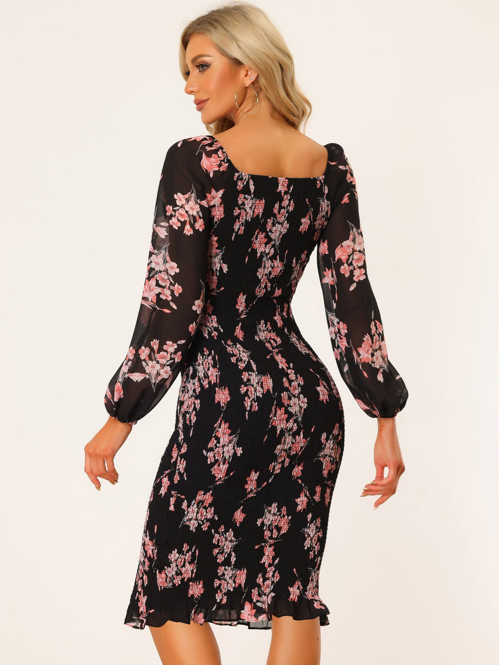 Floral Puff Sleeve Ruffle Bodycon Square Neck Smocked Mermaid Dress