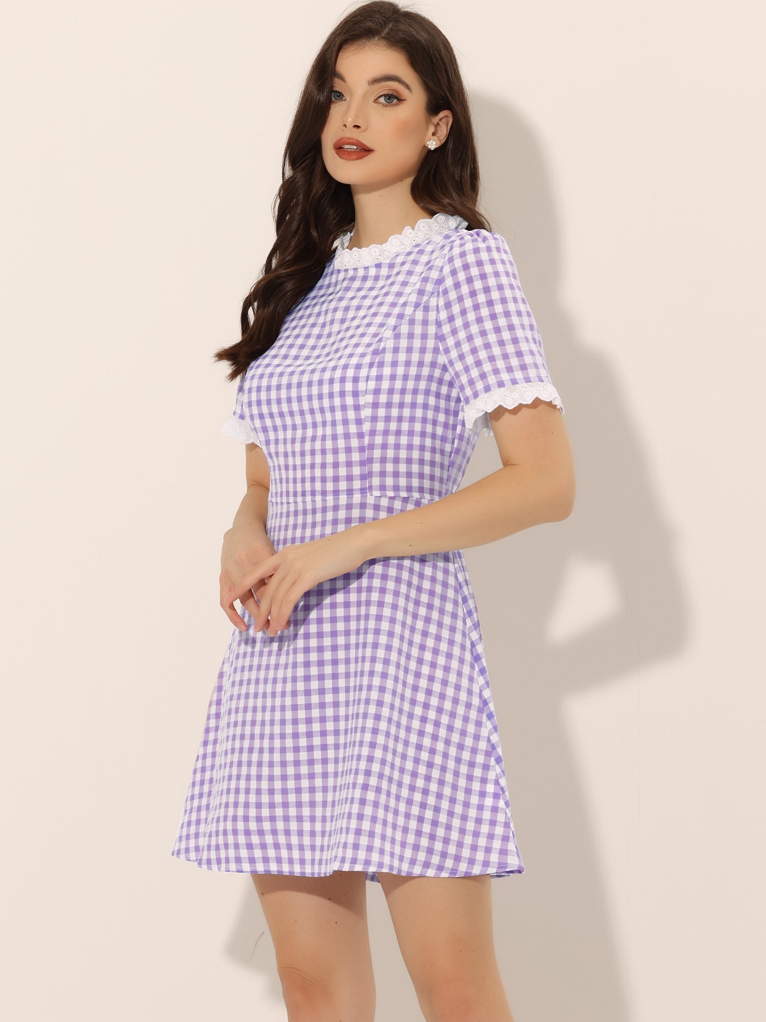 Summer Ruffle Neck Lace Panel Short Sleeve Check Gingham Dress