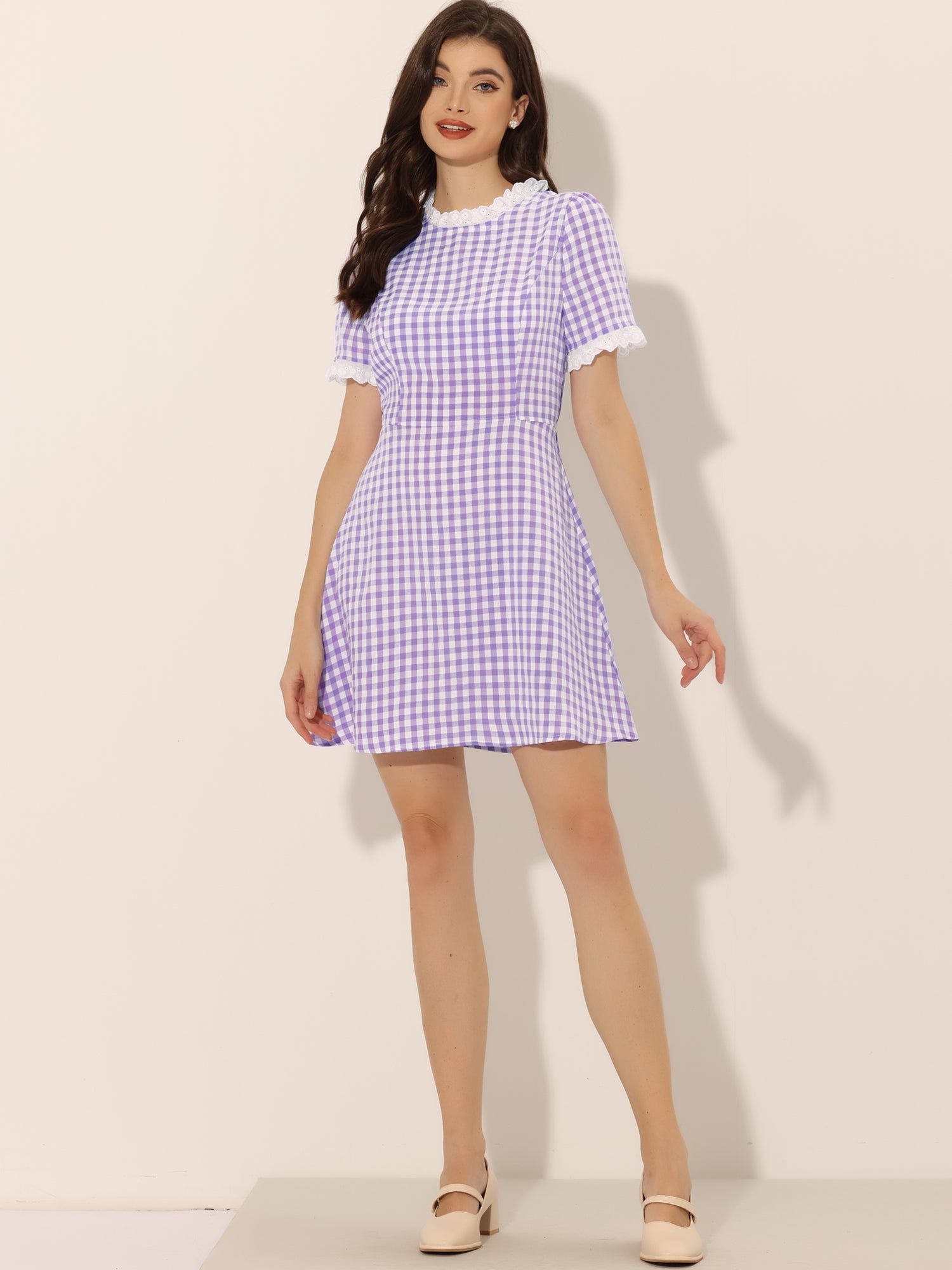 Summer Ruffle Neck Lace Panel Short Sleeve Check Gingham Dress