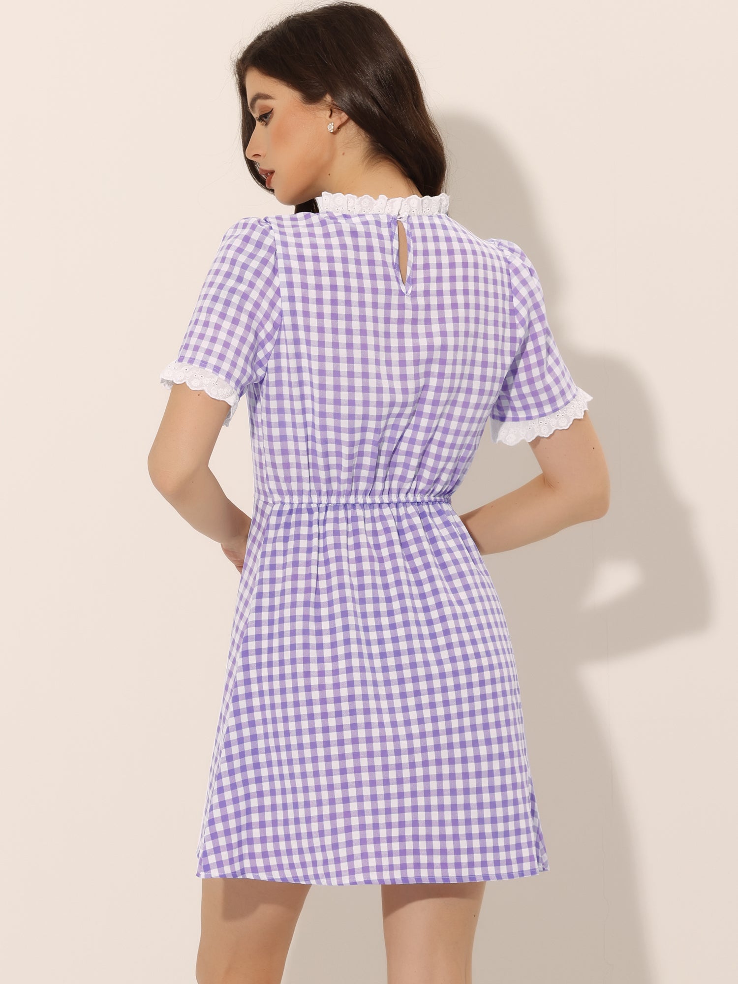 Summer Ruffle Neck Lace Panel Short Sleeve Check Gingham Dress