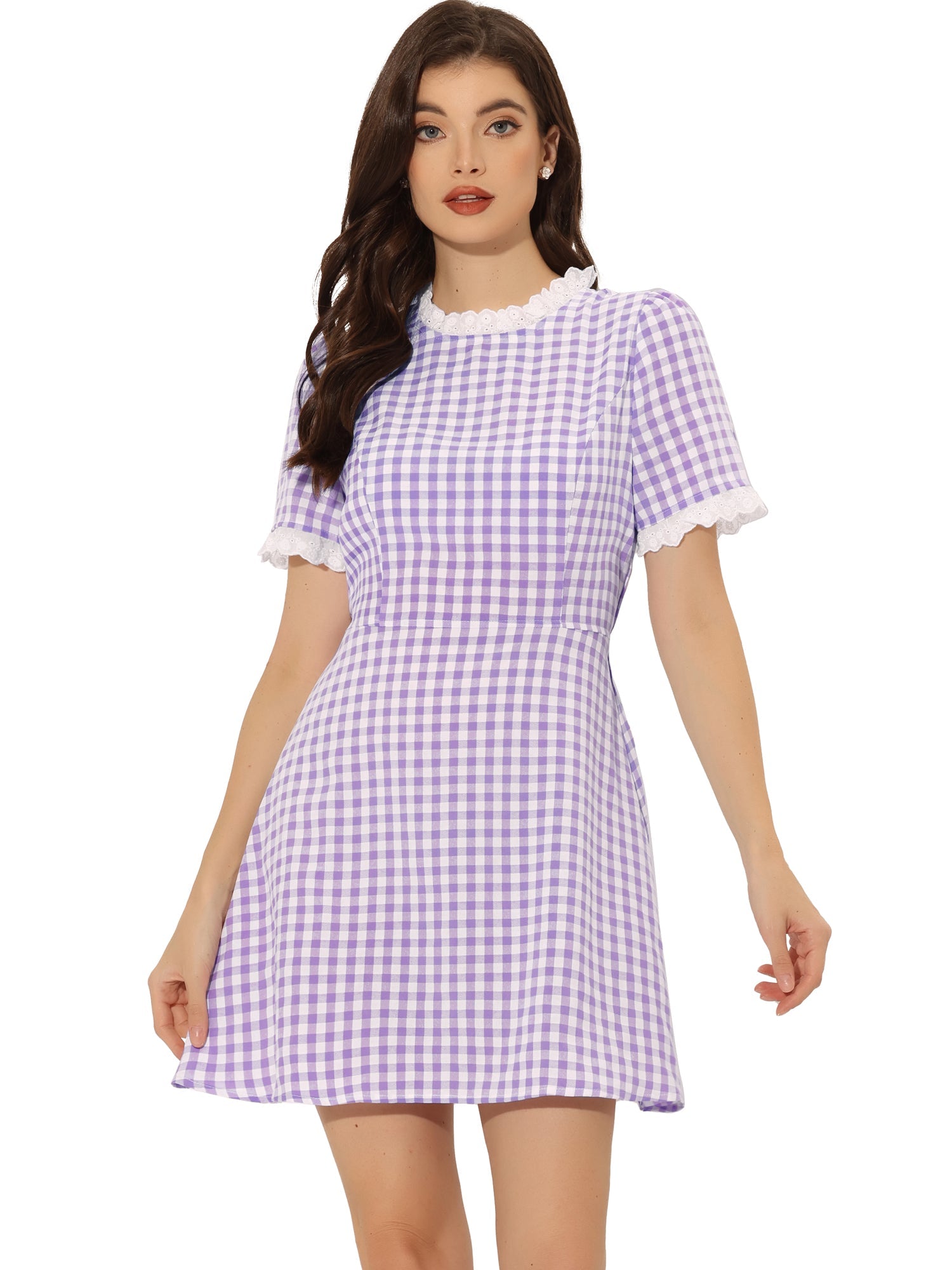 Summer Ruffle Neck Lace Panel Short Sleeve Check Gingham Dress