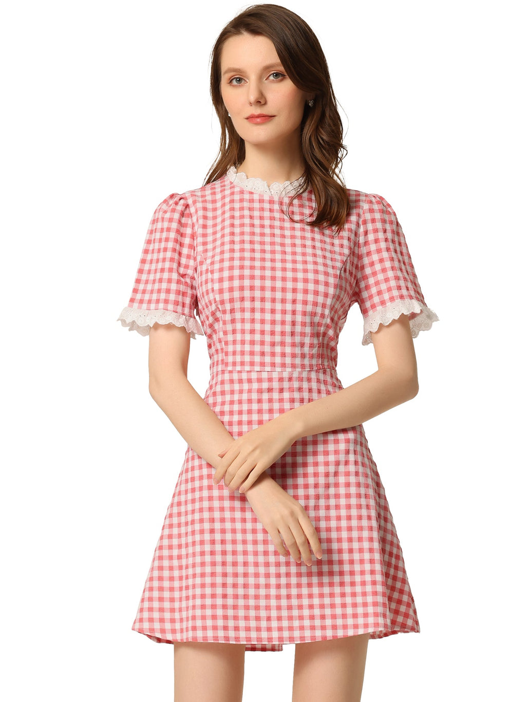 Summer Ruffle Neck Lace Panel Short Sleeve Check Gingham Dress