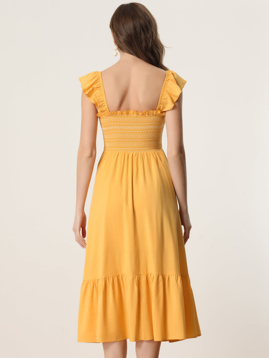 Boho Square Neck Ruffle Tiered Flowy Smocked Midi Dress Sundress