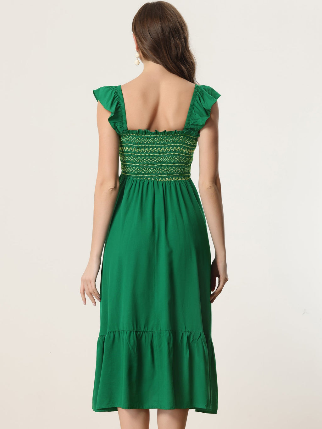 Boho Square Neck Ruffle Tiered Flowy Smocked Midi Dress Sundress