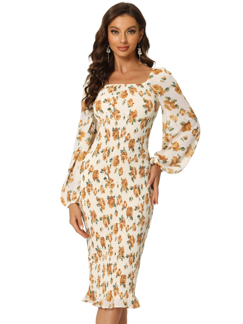 Floral Puff Sleeve Ruffle Bodycon Square Neck Smocked Mermaid Dress