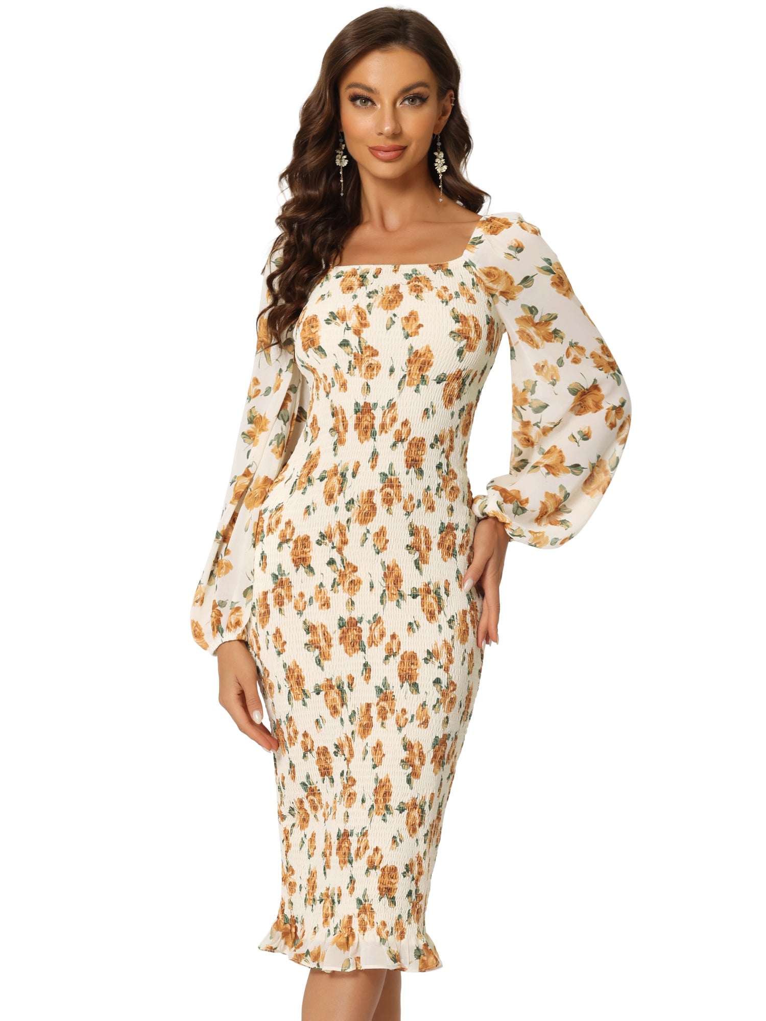 Floral Puff Sleeve Ruffle Bodycon Square Neck Smocked Mermaid Dress