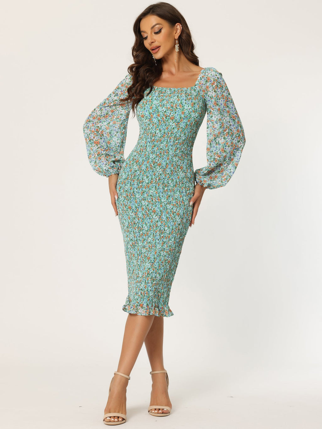 Floral Puff Sleeve Ruffle Bodycon Square Neck Smocked Mermaid Dress