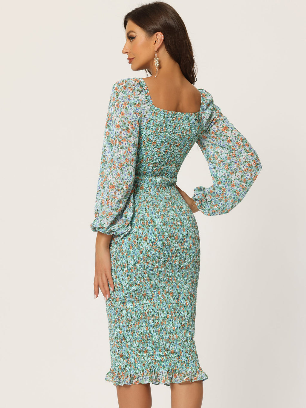 Floral Puff Sleeve Ruffle Bodycon Square Neck Smocked Mermaid Dress