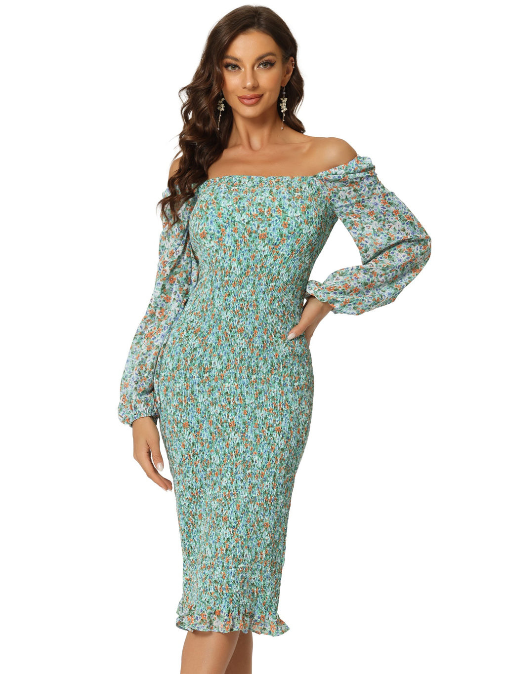 Floral Puff Sleeve Ruffle Bodycon Square Neck Smocked Mermaid Dress