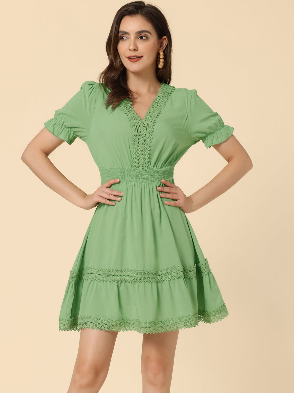 Boho Puff Sleeve V Neck Smocked Waist Ruffled Tiered Dress