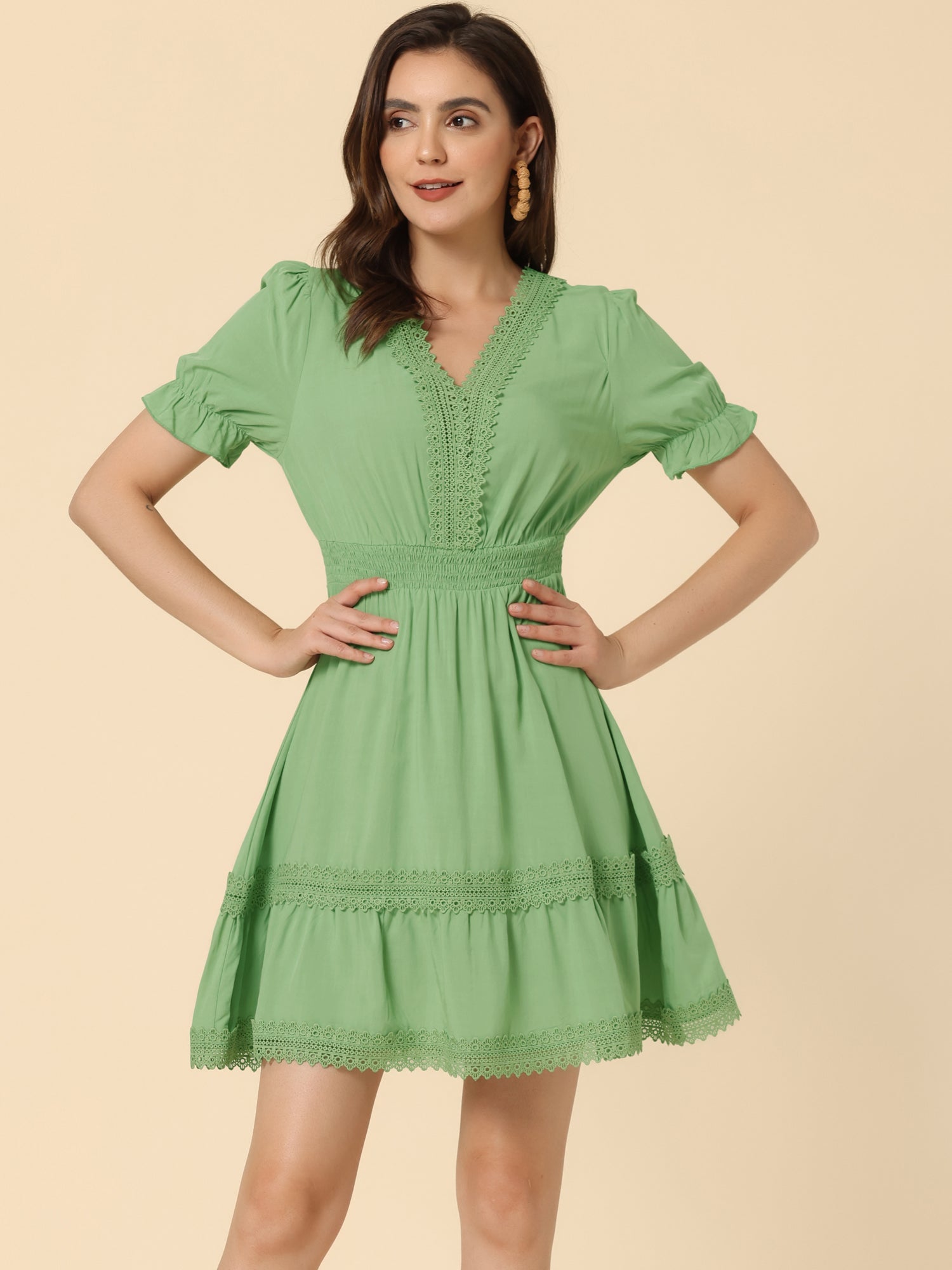 Boho Puff Sleeve V Neck Smocked Waist Ruffled Tiered Dress
