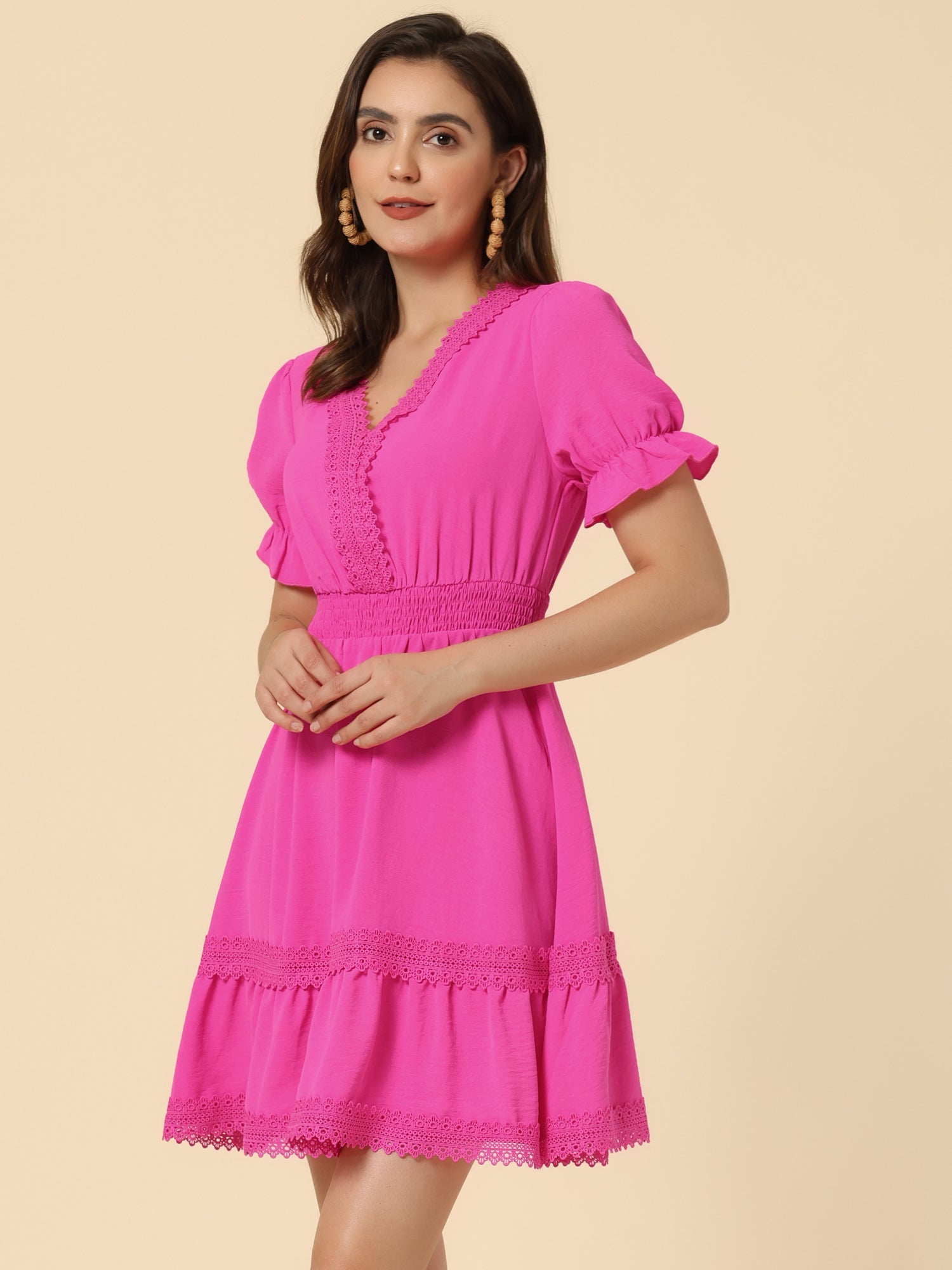 Boho Puff Sleeve V Neck Smocked Waist Ruffled Tiered Dress