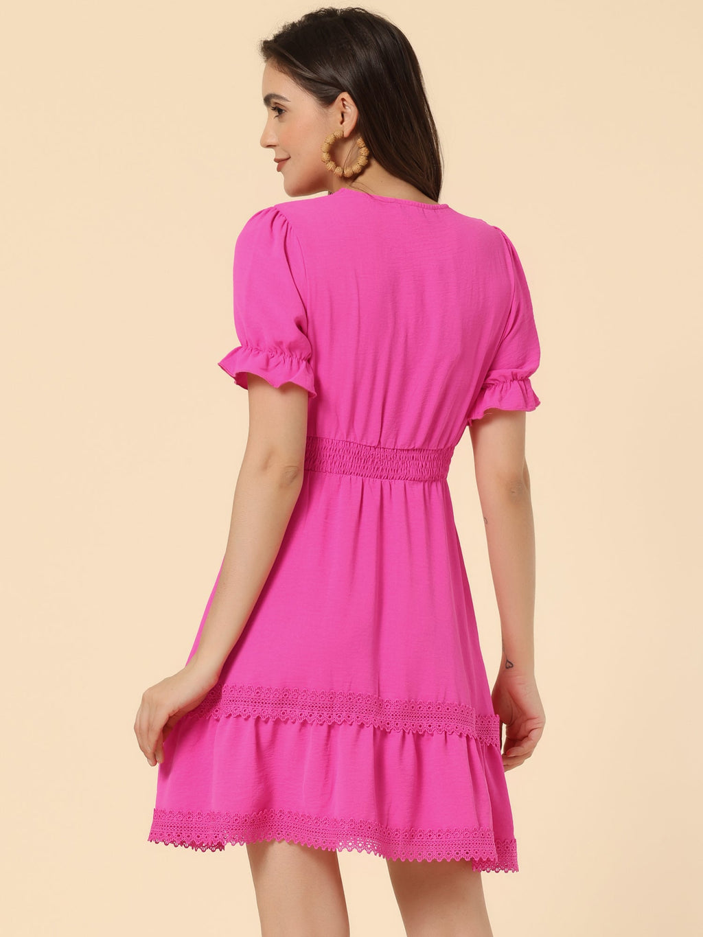 Boho Puff Sleeve V Neck Smocked Waist Ruffled Tiered Dress