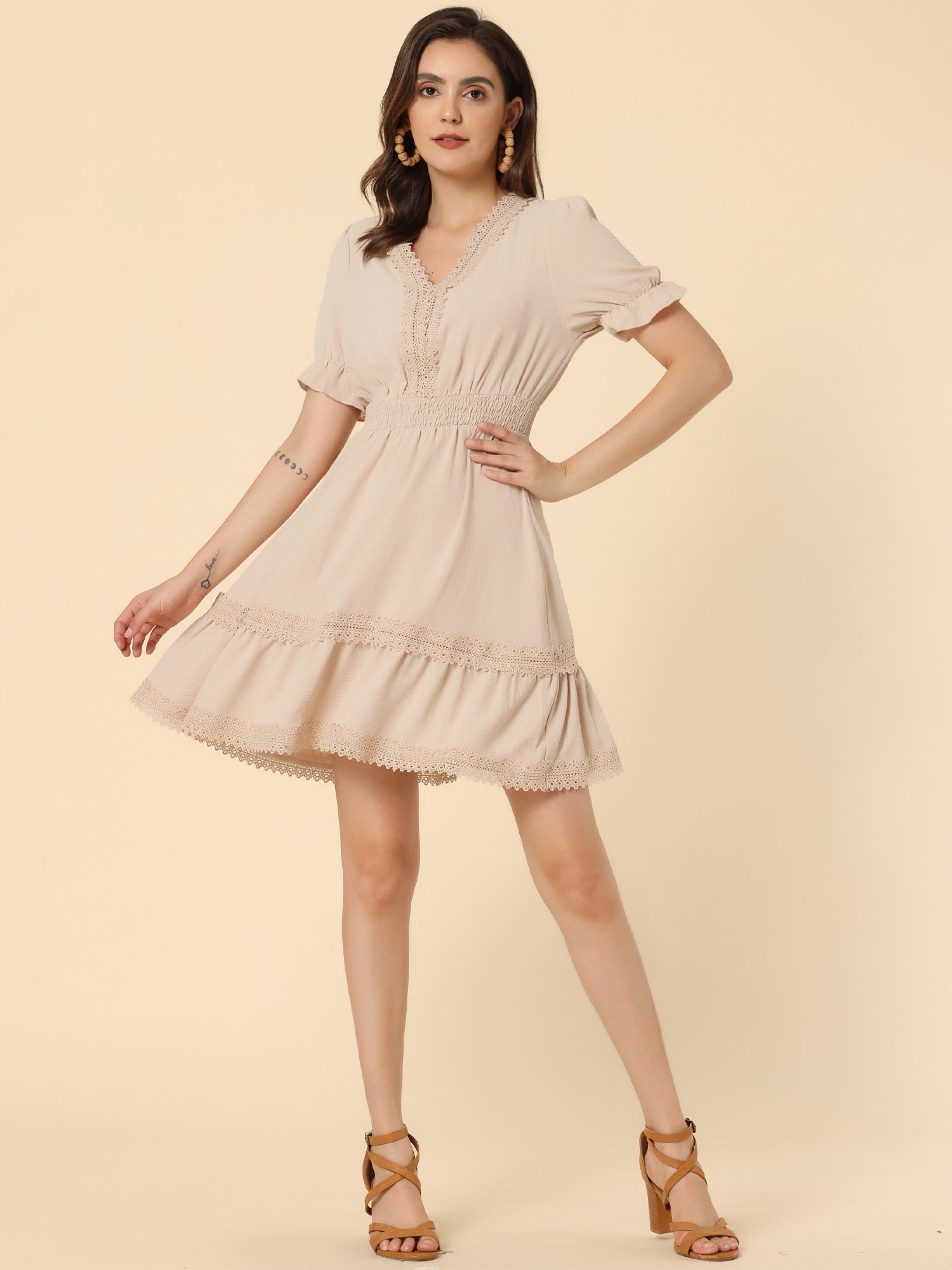 Boho Puff Sleeve V Neck Smocked Waist Ruffled Tiered Dress