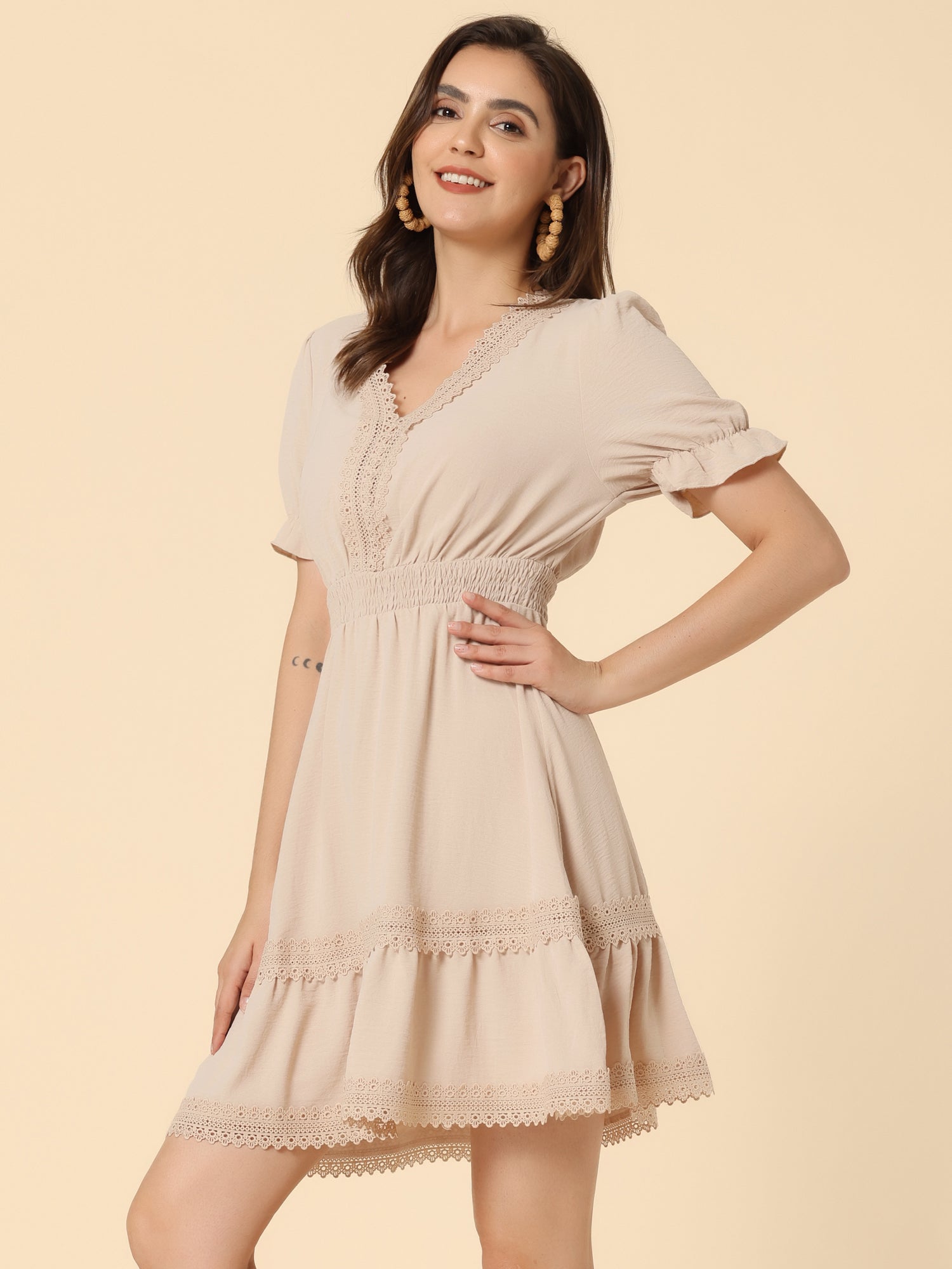 Boho Puff Sleeve V Neck Smocked Waist Ruffled Tiered Dress