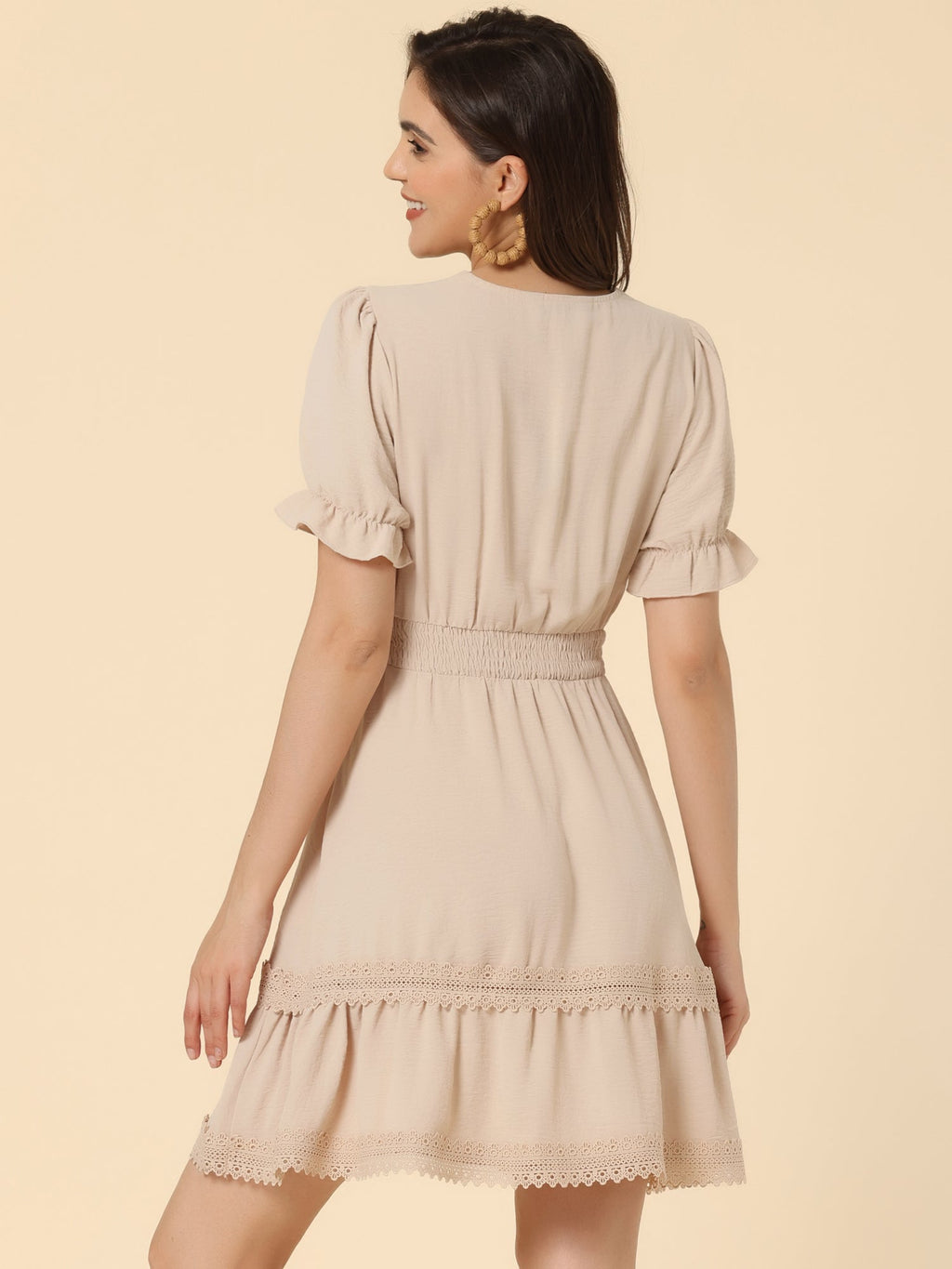 Boho Puff Sleeve V Neck Smocked Waist Ruffled Tiered Dress