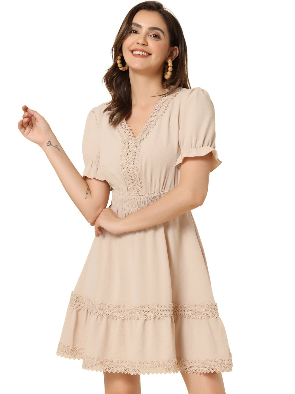 Boho Puff Sleeve V Neck Smocked Waist Ruffled Tiered Dress