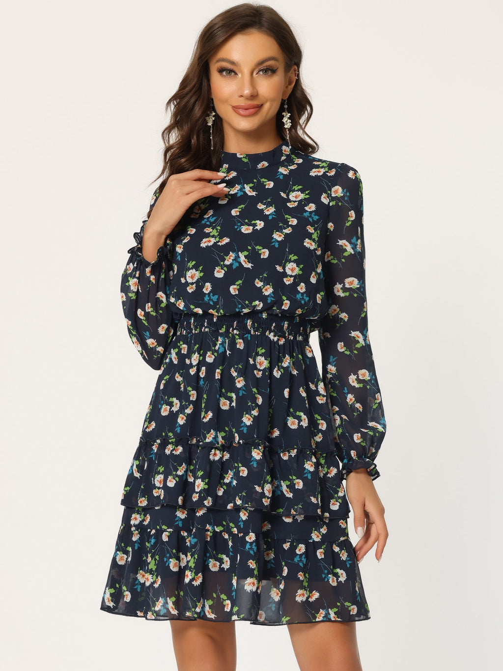 Floral Smocked Waist Sheer Sleeve Ruffle Layers Chiffon Dress