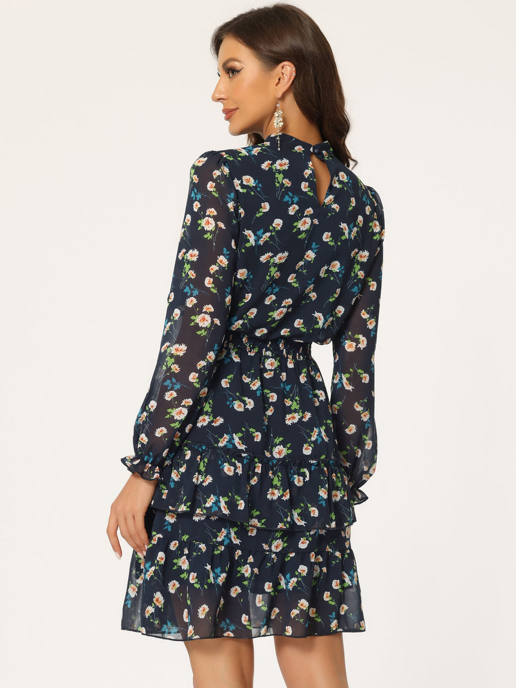 Floral Smocked Waist Sheer Sleeve Ruffle Layers Chiffon Dress