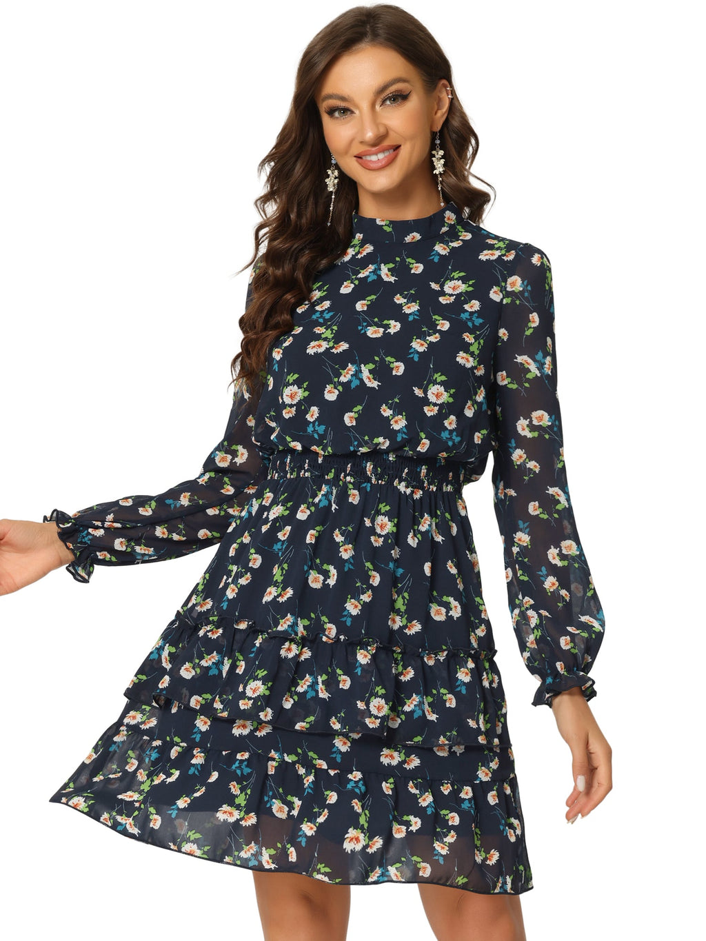 Floral Smocked Waist Sheer Sleeve Ruffle Layers Chiffon Dress