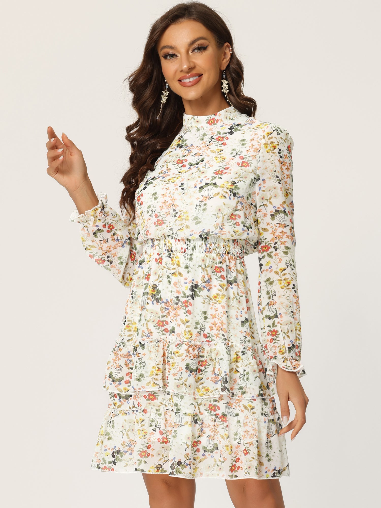 Floral Smocked Waist Sheer Sleeve Ruffle Layers Chiffon Dress