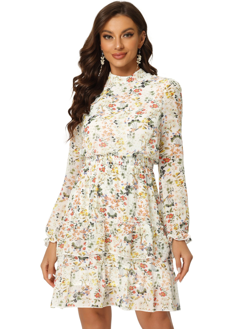 Floral Smocked Waist Sheer Sleeve Ruffle Layers Chiffon Dress