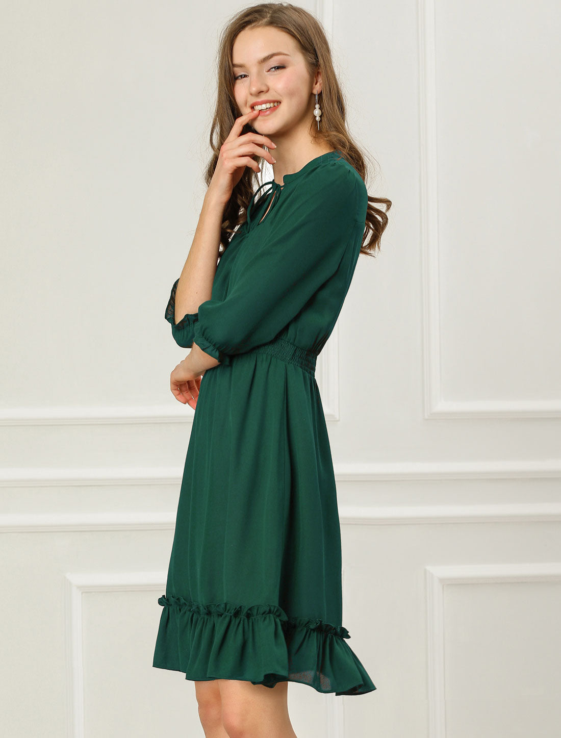 Ruffle Hem 3/4 Sleeve A-Line Smocked Midi Chiffon Dress