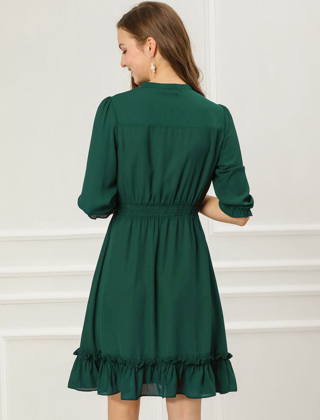 Ruffle Hem 3/4 Sleeve A-Line Smocked Midi Chiffon Dress