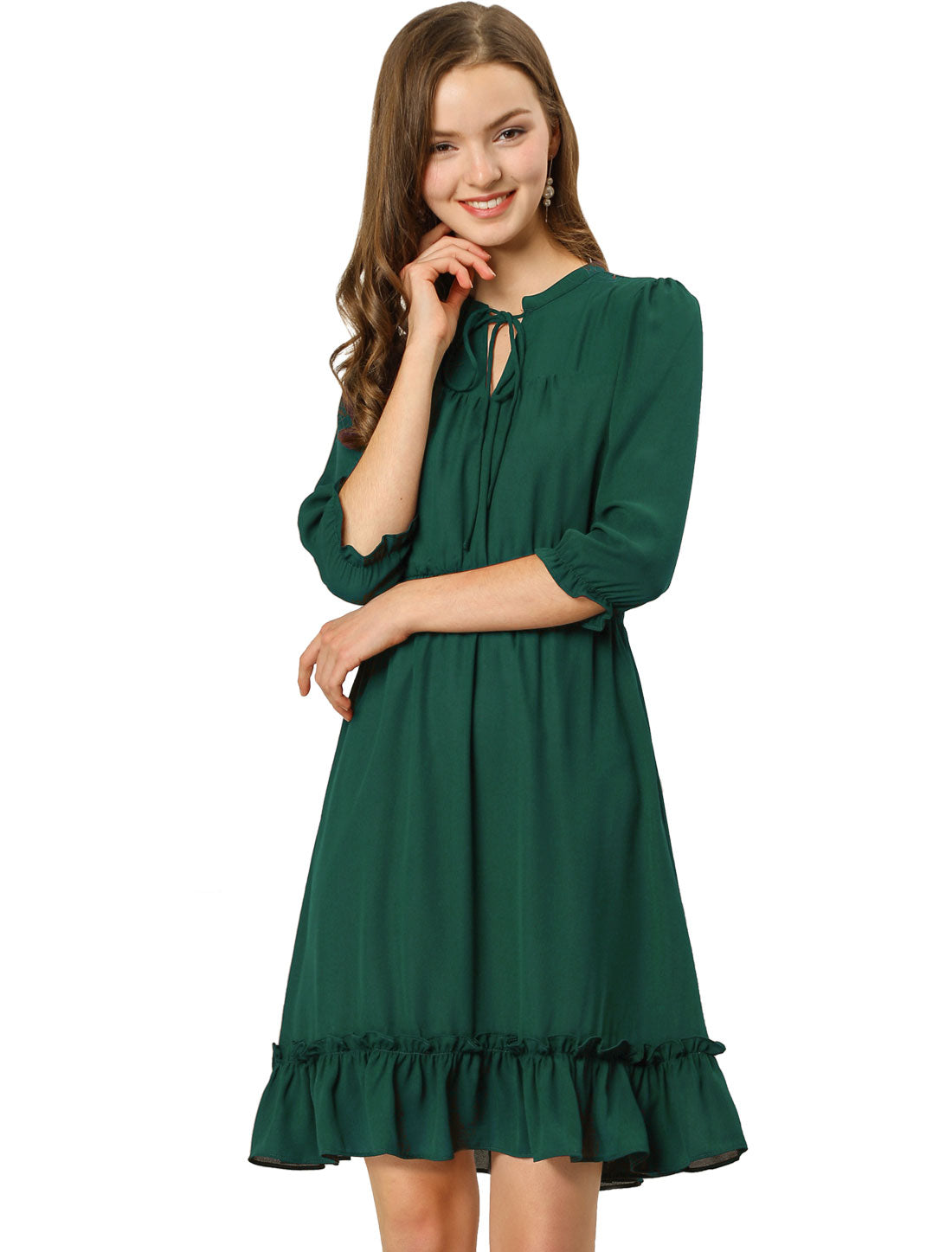Ruffle Hem 3/4 Sleeve A-Line Smocked Midi Chiffon Dress
