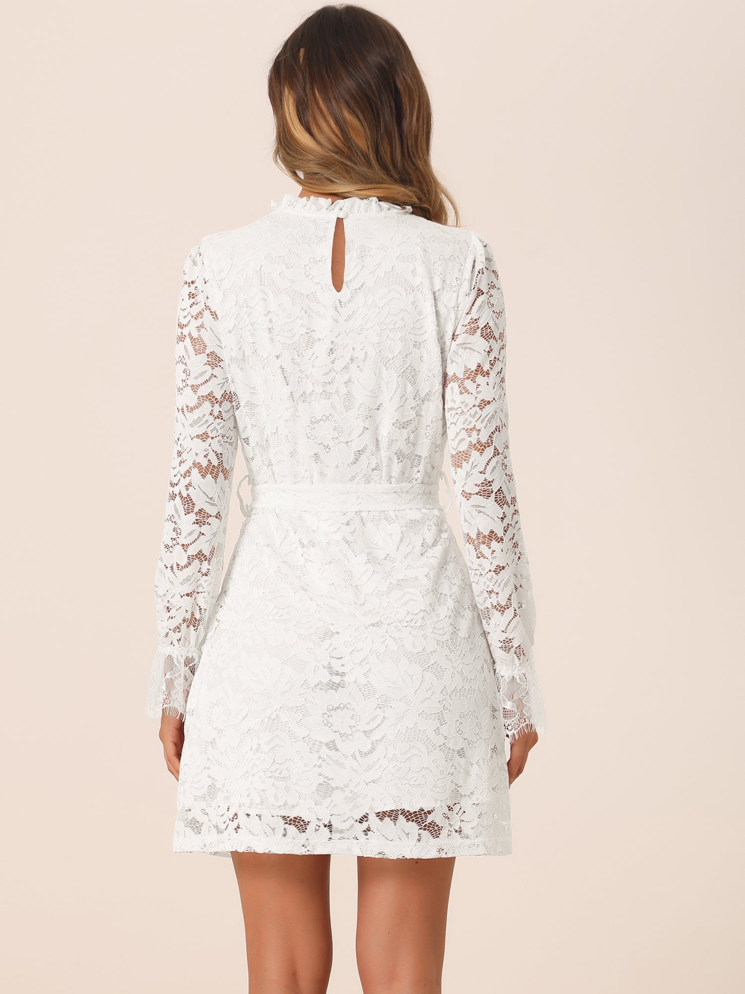 Lace Floral Ruffle Crew Neck Cocktail Mini Dress