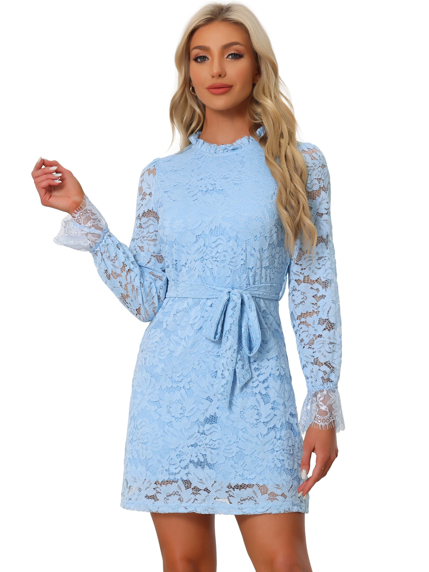 Lace Floral Ruffle Crew Neck Cocktail Mini Dress