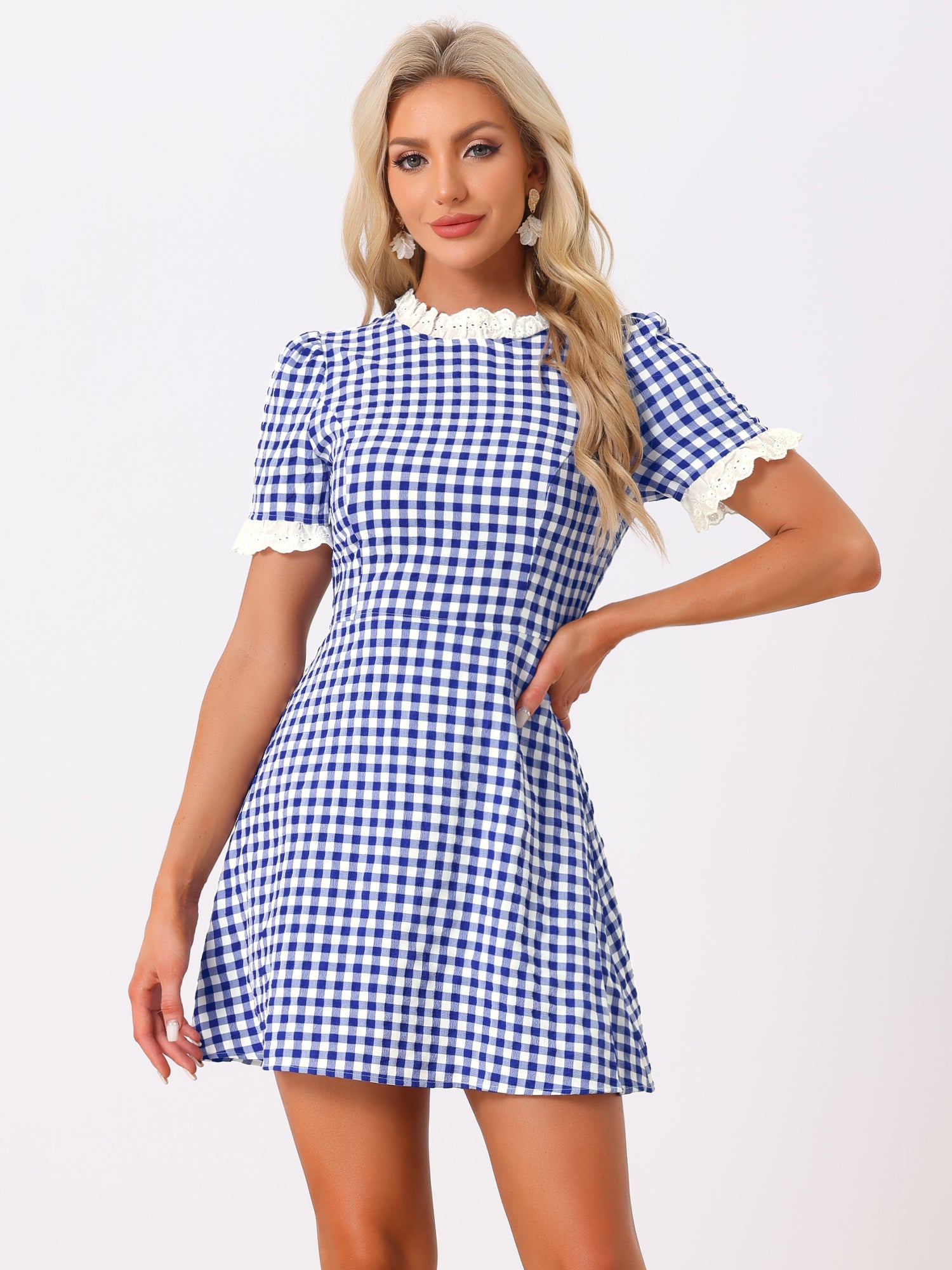 Summer Ruffle Neck Lace Panel Short Sleeve Check Gingham Dress