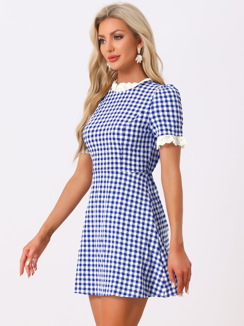 Summer Ruffle Neck Lace Panel Short Sleeve Check Gingham Dress