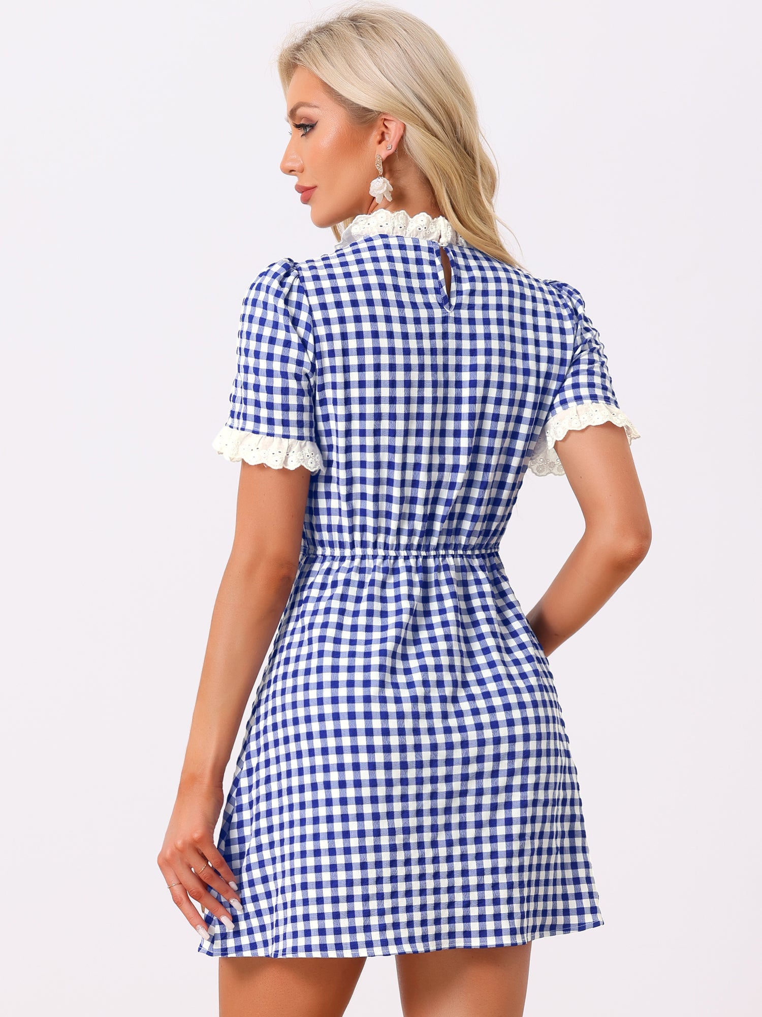 Summer Ruffle Neck Lace Panel Short Sleeve Check Gingham Dress
