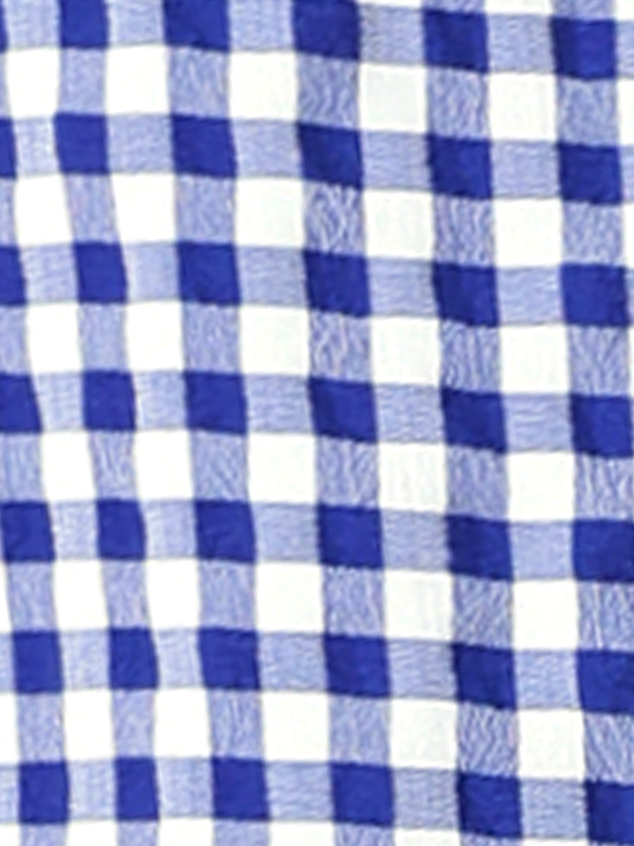 Summer Ruffle Neck Lace Panel Short Sleeve Check Gingham Dress