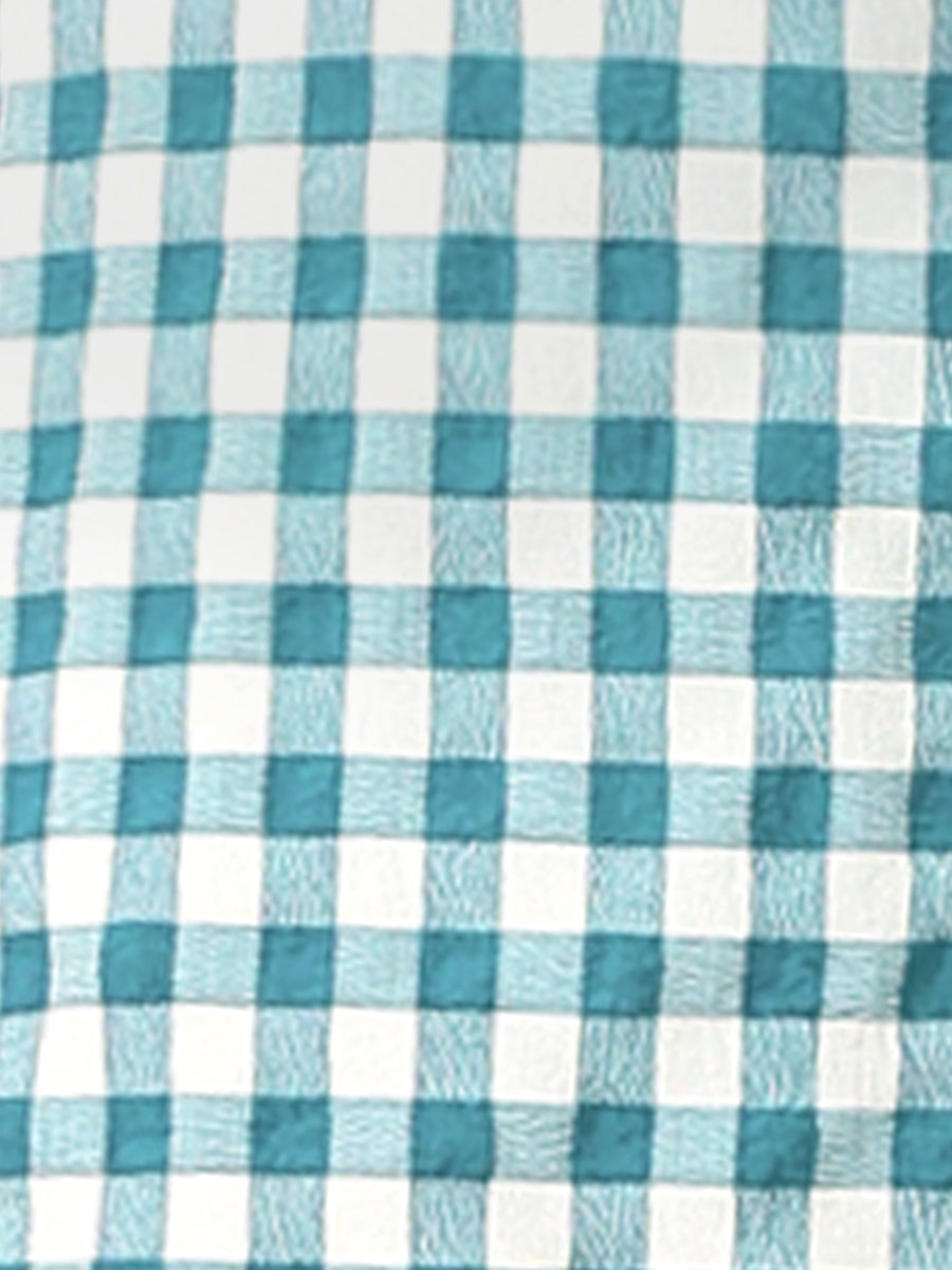 Summer Ruffle Neck Lace Panel Short Sleeve Check Gingham Dress