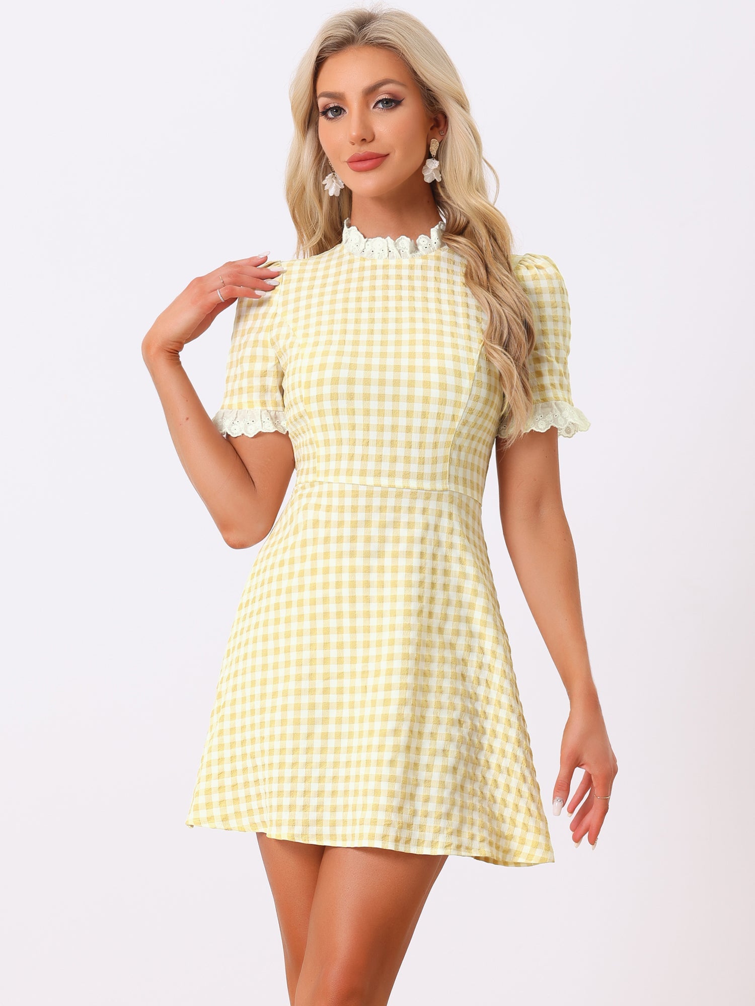 Summer Ruffle Neck Lace Panel Short Sleeve Check Gingham Dress