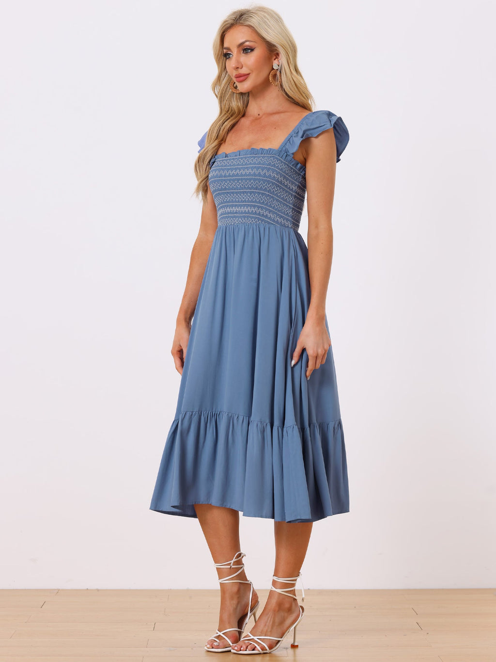 Boho Square Neck Ruffle Tiered Flowy Smocked Midi Dress Sundress