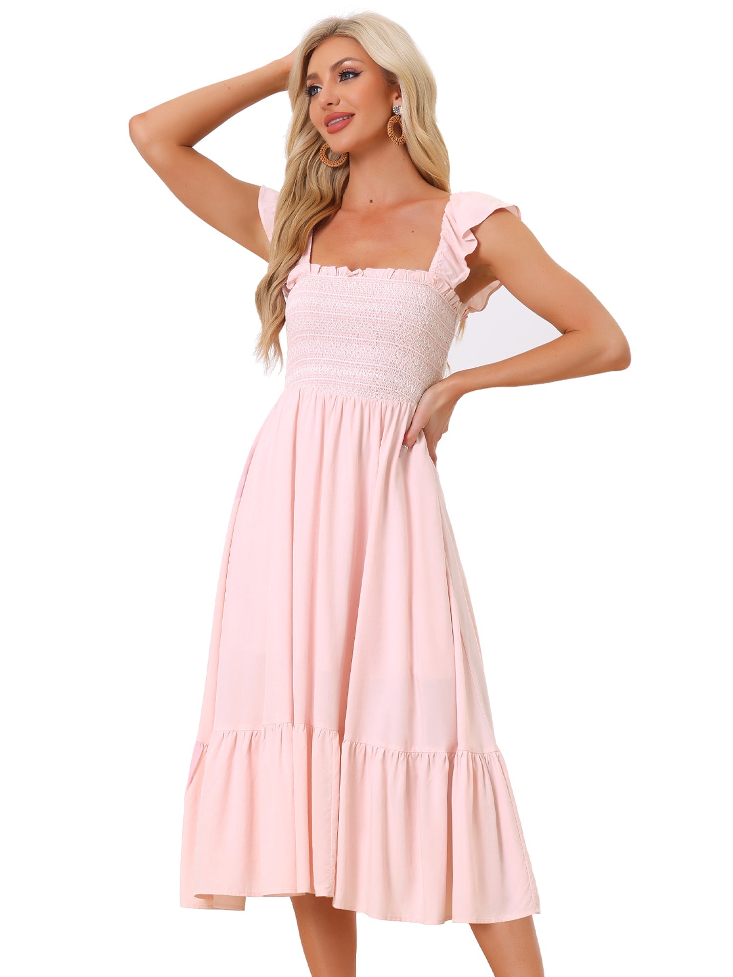 Boho Square Neck Ruffle Tiered Flowy Smocked Midi Dress Sundress